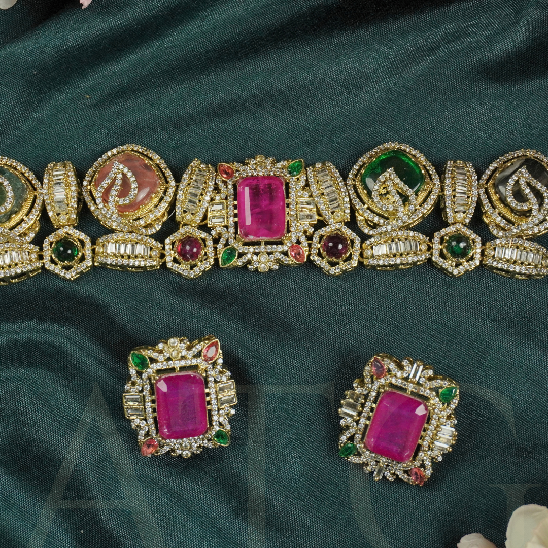 Victorian Ruby Choker Necklace Set with Earrings – Multi-Stone Antique Gold - Image 3