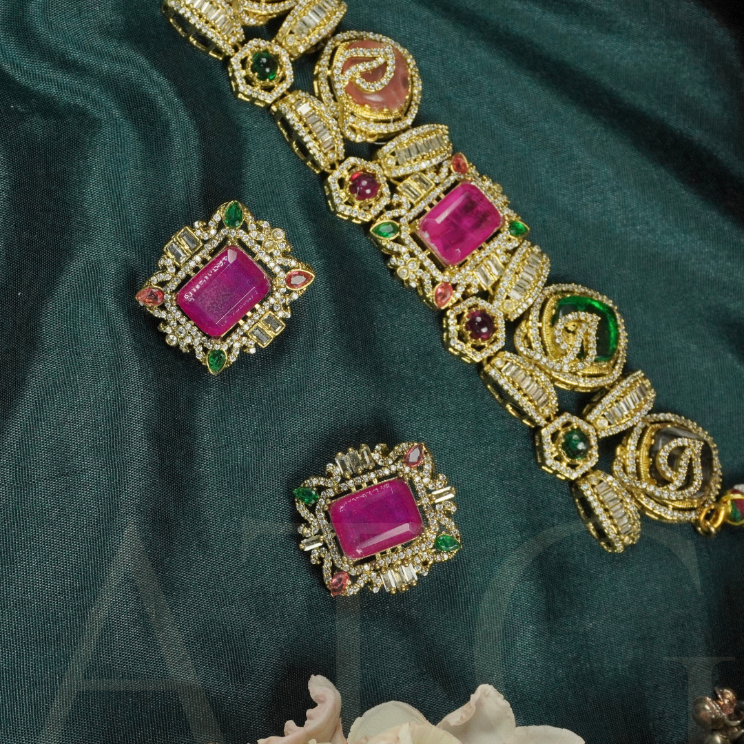 Victorian Ruby Choker Necklace Set with Earrings – Multi-Stone Antique Gold - Image 6