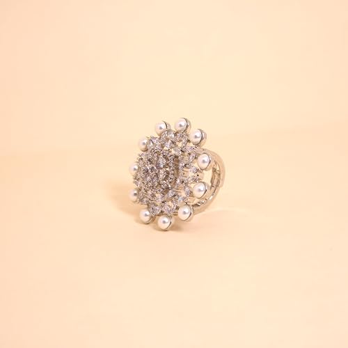 Zircon Bridal Ring for Women | Pearl & CZ Statement Adjustable Ring - Image 4