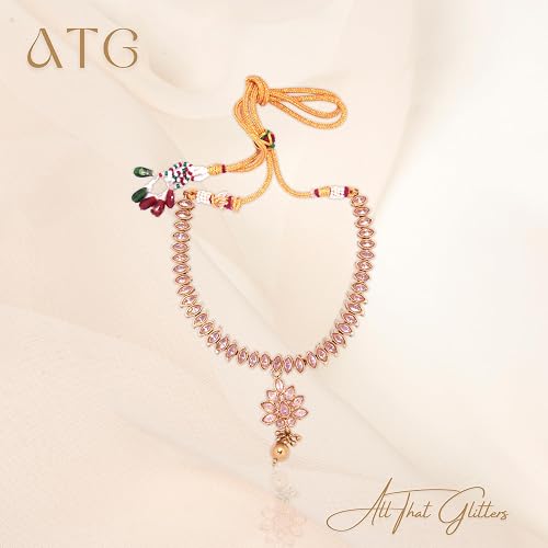 Kundan Necklace | VEDA Antique Gold Floral with Pink Pendant - Image 2