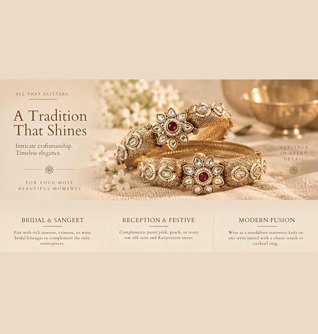 Kundan-Style Rajwadi Kada | Ruby Red Bridal Bangles - Image 7